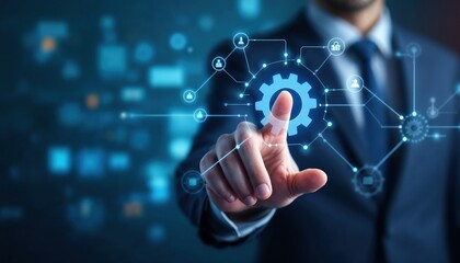 Obraz premium Businessman Using Digital Interface To Interact With Technology in High-Tech Concept