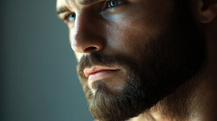 Fototapeta premium Close-up portrait of a bearded young man with intense gaze and blue eyes