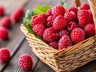 A rustic wooden table adorned with a charming basket overflowing with freshly harvested raspberries