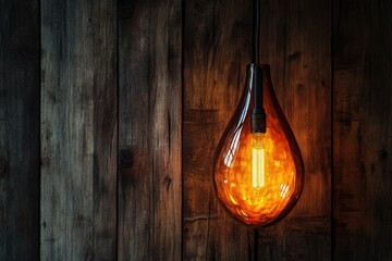 A glowing amber teardrop light bulb hangs against a dark wood background, creating a warm and inviting ambiance.