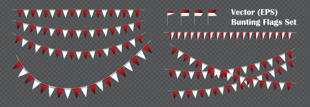 Banting flags, red and white realistick vector pennants hanging on the roap. Colorful flag garland of Canada, Poland, Japan and Indonesia