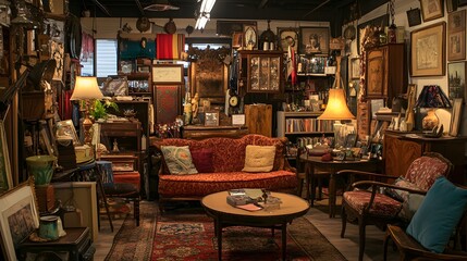 Obraz premium Discover Unique Finds at an Eclectic Indoor Flea Market Featuring Antique Furniture and Retro Decor