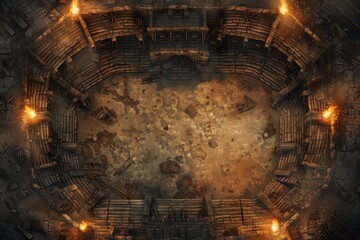 Ancient battle arena with stone steps, burning torches, and a bloodstained floor, creating a dark fantasy setting for gladiatorial combat and epic battles.
