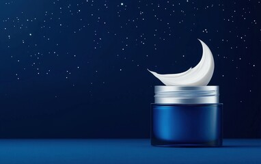 A jar of cream displayed elegantly on a smooth blue surface, ideal for skincare and beauty products imagery