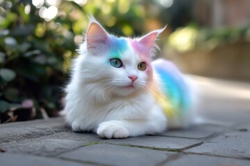 American shorthair cat resting on a paved path, its fur uniquely colored with vibrant rainbow hues, surrounded by greenery