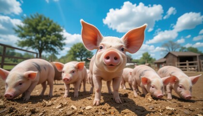 A group of playful piglets frolic in a sunlit farmyard, with one particularly curious piglet standing at the forefront, basking in the warmth of a clear afternoon