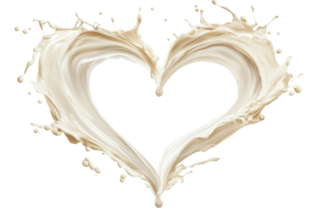 White liquid milk splash forming heart shape with droplets isolated on transparent background