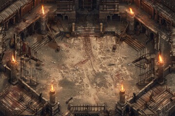 Ancient battle arena with stone steps, burning torches, and a bloodstained floor, creating a dark fantasy setting for gladiatorial combat and epic battles.