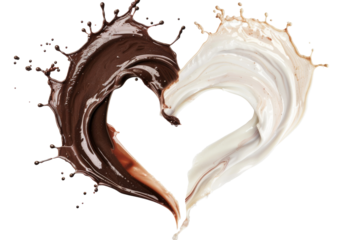 Chocolate and white milk forming heart shapes with splashes and swirling liquids isolated on transparent background