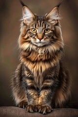 Close-up portrait of a majestic Maine Coon cat with fluffy fur, intense green eyes, and warm golden light illuminating the scene in a dreamy atmosphere.