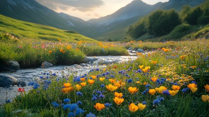 Fototapeta premium An Idyllic Wildflower Meadow with Colorful Blossoms and a Serene River Flowing Through Lush Green Hills