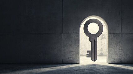 A large key-shaped silhouette stands in a dimly lit archway, suggesting mystery and opportunity