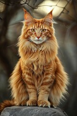 Obraz premium Close-up portrait of a majestic Maine Coon cat with fluffy fur, intense green eyes, and warm golden light illuminating the scene in a dreamy atmosphere.