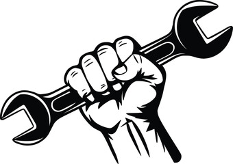 Hand holding wrench vector isolated on white background.