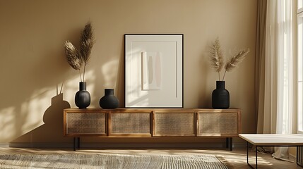 Modern living room with black vases on a wooden cabinet near a beige wall, featuring a stylish art poster and minimalist design,