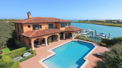 Fototapeta premium Waterfront mansion, pool, boats, sunny day, coastal view, luxury real estate