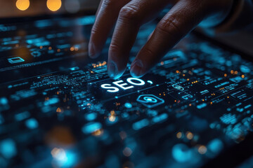 Digital interface showcasing SEO as a focal point, highlighting technology and innovation in an urban workspace