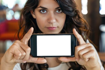 Naklejka premium Female Model Demonstrating a Blank Smartphone Display with Both Hands Indoors