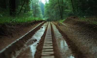 The deep tire tracks in the muddy path convey a sense of journey and adventure, reflecting the connection between nature and the human pursuit of exploration and travel.