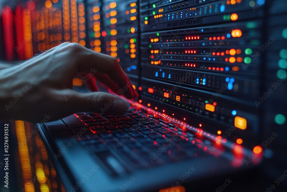 Poster technician working on a server setup with illuminated components in a data center during evening hou