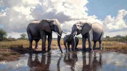Obraz premium A family of elephants playing in a waterhole 