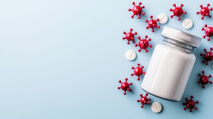 Colorful array of pills and capsules displayed on a bright blue background highlighting pharmaceutical products