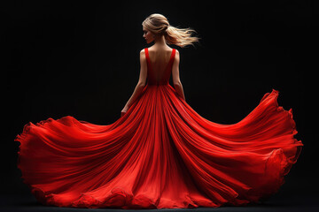 Fototapeta premium Elegant woman twirling in a flowing red dress against a dark background in a fashion performance