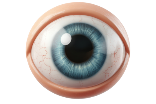 Close-up of a model of a blue eye. Transparent background