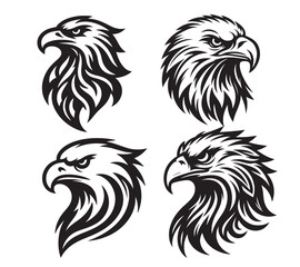 A Vector black-and-white simple line art drawing of a eagle and head