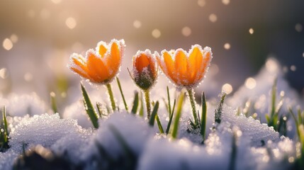 Flowers sprout growing out of snow. Early Spring theme.