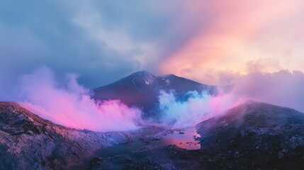 Fototapeta premium Dramatic mountain landscape with colorful clouds and surreal atmosphere