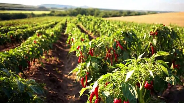 A vibrant chili pepper field, with rows of lush green plants bearing bright red chili peppers