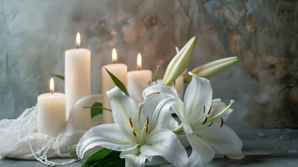 Pristine white lilies glowing near softly burning candles, creating peaceful memorial ambiance against muted gray textured surface, symbolizing serenity and remembrance
