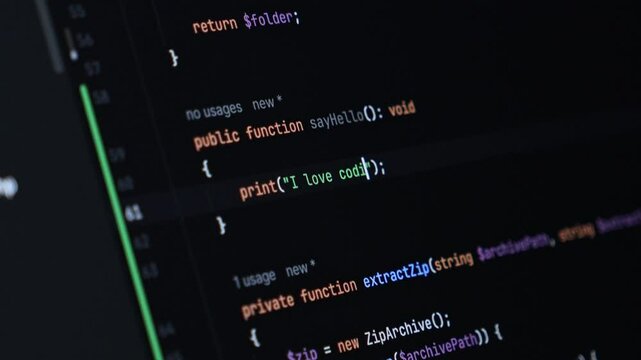 Developer writing an I love coding function in a development environment, focus on PHP syntax, backend programming and software development