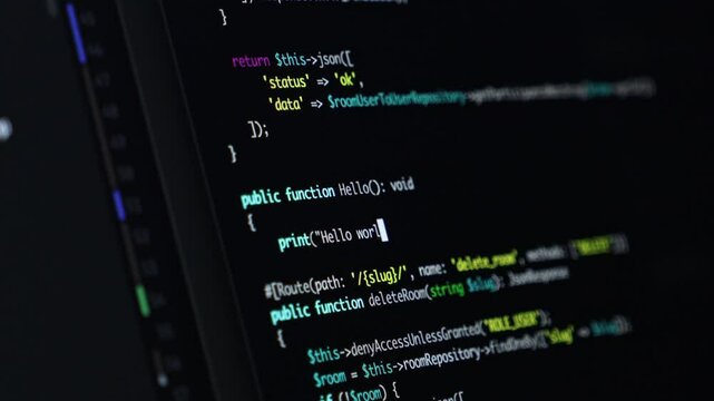 Developer writing a Hello World function in a development environment, focus on PHP syntax, backend programming and