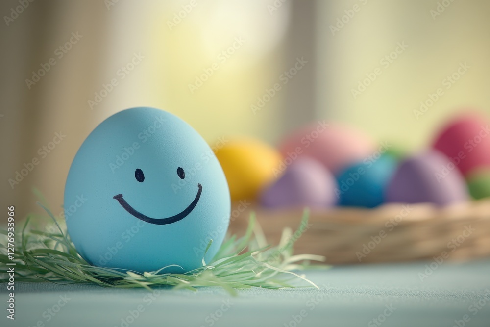 Aufkleber A blue Easter egg with a simple smiley face, placed on the left side of an empty table. In front is grass, and in blurred focus behind it, there's a basket filled with colorful eggs.