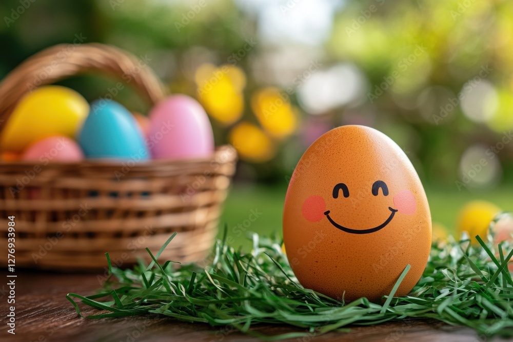 Aufkleber happy easter concept with smiling light brown egg on green grass near basket full of colorful eggs w