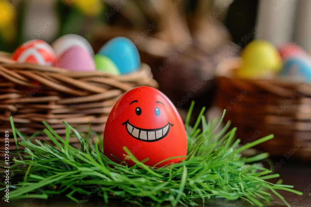 Poster a red easter egg with an animated smile sits on green grass in front of colorful baskets filled with