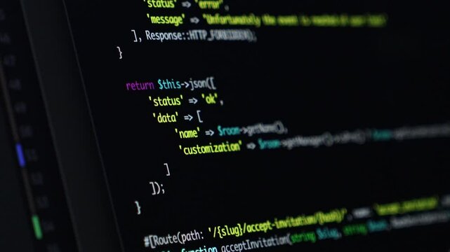 Fast scrolling code with zoom effect in a development environment, focus on PHP syntax, backend programming and software development