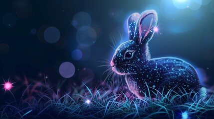 Little bunny with decorated Easter eggs on the grass. Futuristic technology concept in dark and blue light.