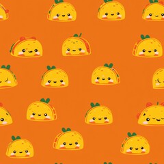 Seamless taco pattern with crispy shells, fresh lettuce, tomatoes, cheese, and beef filling on a bold orange background for food-themed designs.
