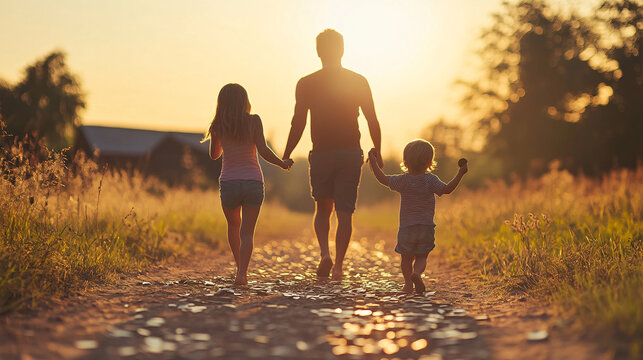 A loving family of three holding hands walking on a rural path during sunset surrounded by warm golden light and nature

 - Powered by Adobe