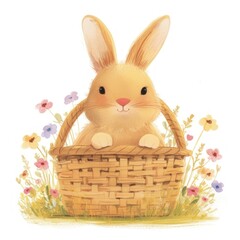 Cute bunny in the basket illustration children's flowers.