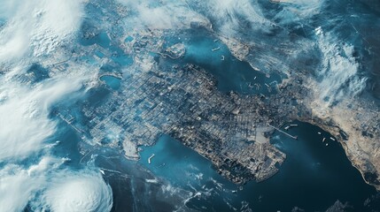 Fototapeta premium Aerial View of Urban Landscape Under Dramatic Skies and Clouds