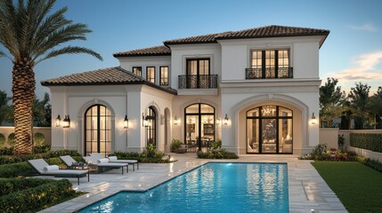 Fototapeta premium Elegant Mediterranean villa exterior at twilight with pool and patio