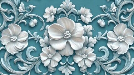 Elegant floral relief on teal background featuring intricate three-dimensional white petals and leaves