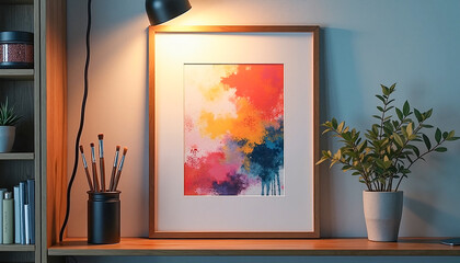 Artistic collage frame with vibrant abstract painting illuminated by focused light on a shelf in a contemporary art studio, creative inspiration concept.