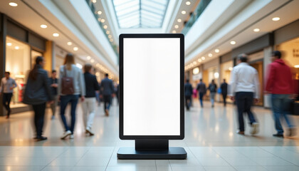Digital advertising kiosk  mockup  in busy shopping mall atrium surrounded by shoppers passing by, promotion concept.