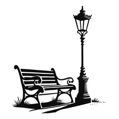 Park bench and street lamp silhouette for urban landscapes, nostalgic designs, and outdoor scene illustrations