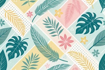Seamless Tropical Pattern With Palm Leaves, Exotic Flowers, And Geometric Shapes In Soft Pastel Colors. Modern Botanical Design For Wallpapers, Textiles, Branding, And Summer-Themed Decorative Project